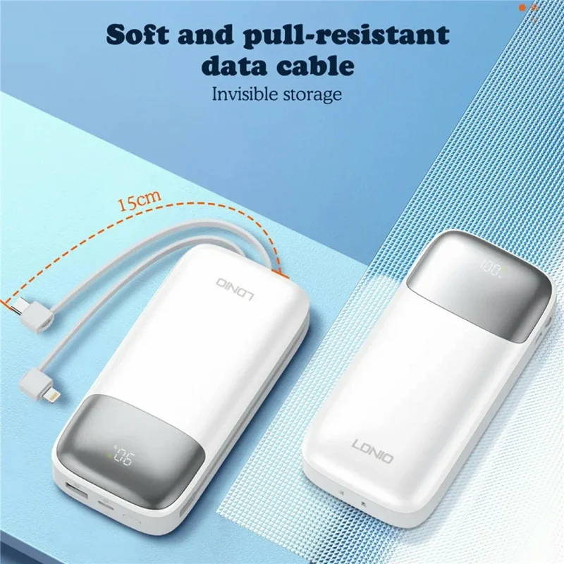 LDNIO PQ20 20000mAh Power Bank with Built-in Type-C & iP (5-14) Cables 22.5W Fast Charging Charg - White
