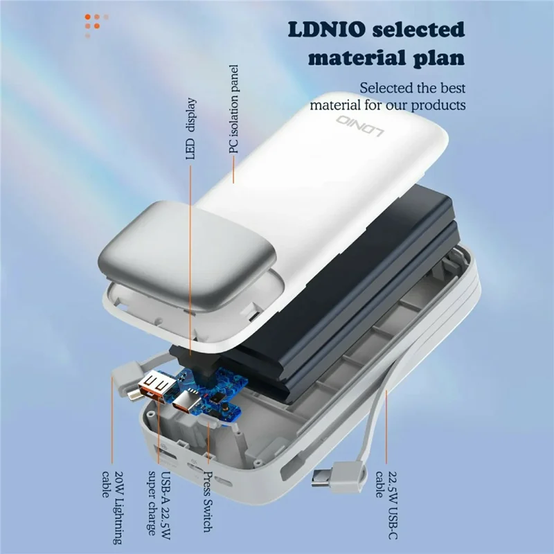 LDNIO PQ20 20000mAh Power Bank with Built-in Type-C & iP (5-14) Cables 22.5W Fast Charging Charg - White