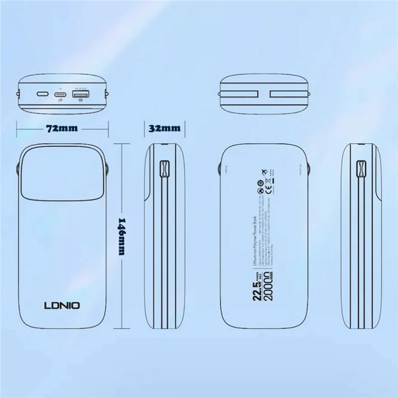 LDNIO PQ20 20000mAh Power Bank with Built-in Type-C & iP (5-14) Cables 22.5W Fast Charging Charg - White