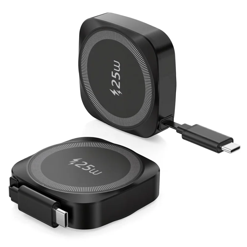 Qi2.2 25W Magnetic Wireless Charger with 70cm Retractable USB-C Cable for iPhone / Samsung / Google Pixel / AirPods Fast Charging Pad - Black