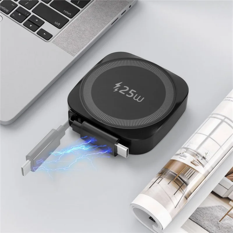 Qi2.2 25W Magnetic Wireless Charger with 70cm Retractable USB-C Cable for iPhone / Samsung / Google Pixel / AirPods Fast Charging Pad - Black
