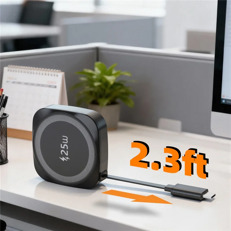 Qi2.2 25W Magnetic Wireless Charger with 70cm Retractable USB-C Cable for iPhone / Samsung / Google Pixel / AirPods Fast Charging Pad - Black