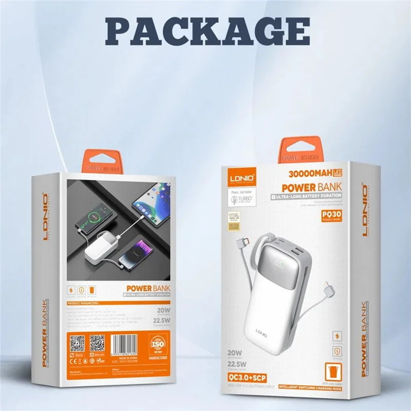 LDNIO PQ30 30000mAh Power Bank with Built-in Type-C + iP (5-14) Cable 22.5W Fast Charging LED Display Charger - White