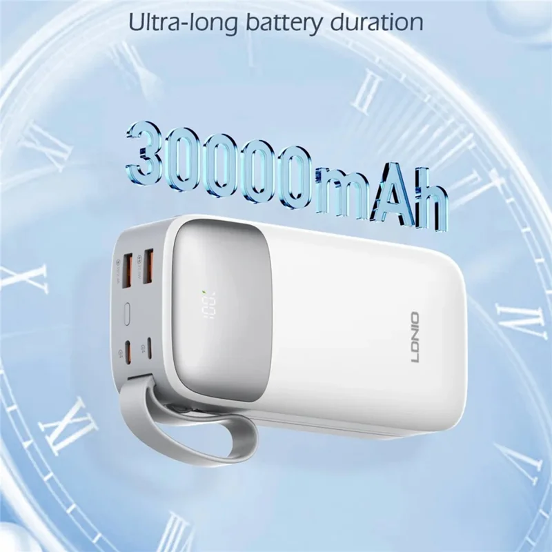 LDNIO PQ30 30000mAh Power Bank with Built-in Type-C + iP (5-14) Cable 22.5W Fast Charging LED Display Charger - White