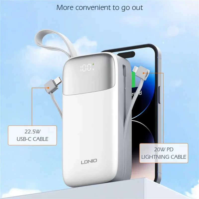 LDNIO PQ30 30000mAh Power Bank with Built-in Type-C + iP (5-14) Cable 22.5W Fast Charging LED Display Charger - White
