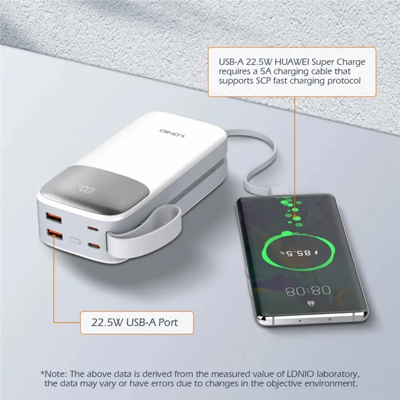 LDNIO PQ30 30000mAh Power Bank with Built-in Type-C + iP (5-14) Cable 22.5W Fast Charging LED Display Charger - White