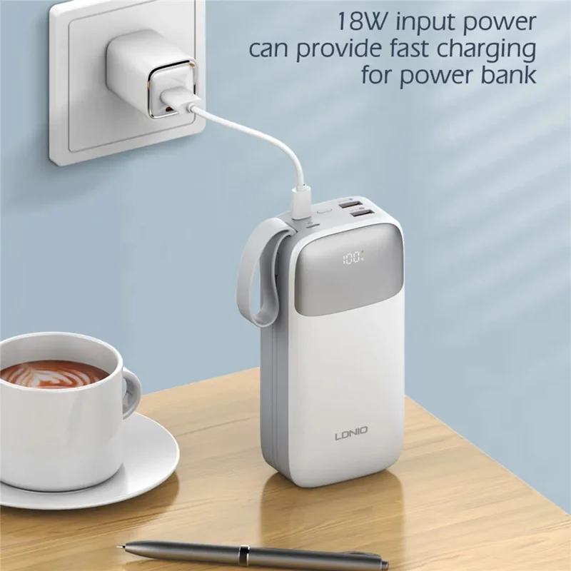 LDNIO PQ30 30000mAh Power Bank with Built-in Type-C + iP (5-14) Cable 22.5W Fast Charging LED Display Charger - White