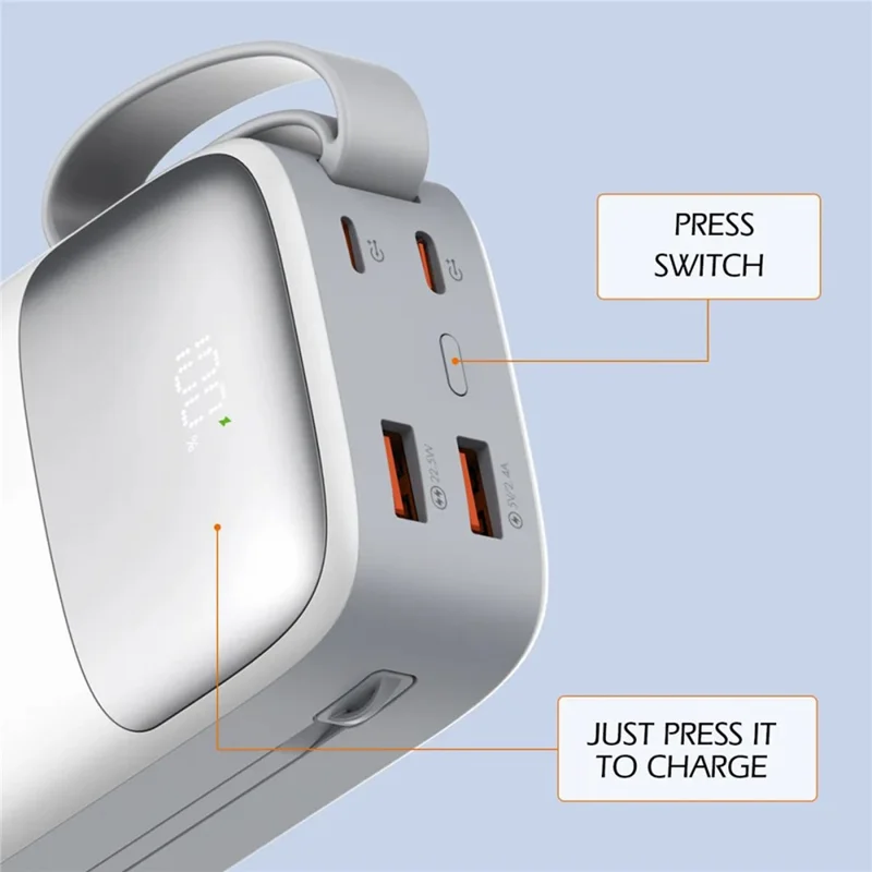 LDNIO PQ30 30000mAh Power Bank with Built-in Type-C + iP (5-14) Cable 22.5W Fast Charging LED Display Charger - White