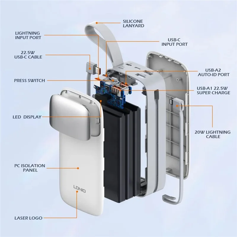 LDNIO PQ30 30000mAh Power Bank with Built-in Type-C + iP (5-14) Cable 22.5W Fast Charging LED Display Charger - White