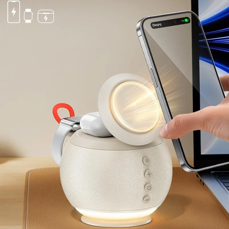 HT-572 5-в-1 15 Вт магнитное беспроводное зарядное устройство с динамиком Bluetooth, подсветкой, зарядной подставкой — бежевый цвет