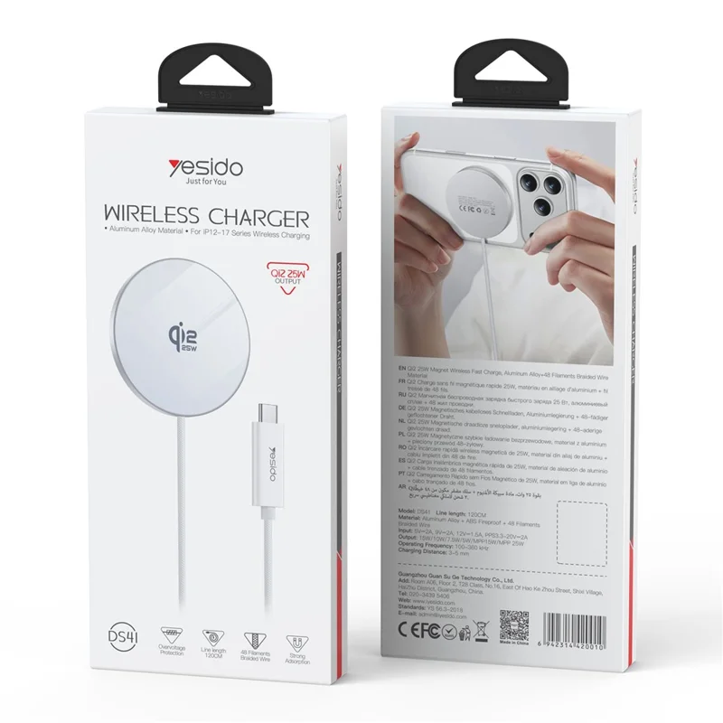 YESIDO DS41 Carregador Sem Fios de Secretária Qi2.2 25 W, Almofada de Carregamento Magnético Ultrafina de 5 mm - Branco