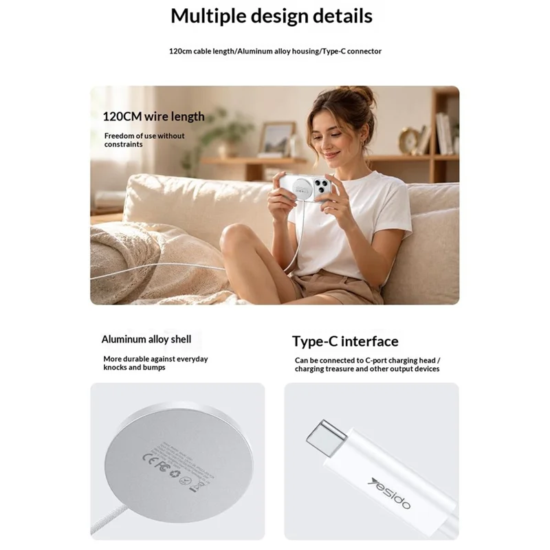 YESIDO DS41 Carregador Sem Fios de Secretária Qi2.2 25 W, Almofada de Carregamento Magnético Ultrafina de 5 mm - Branco