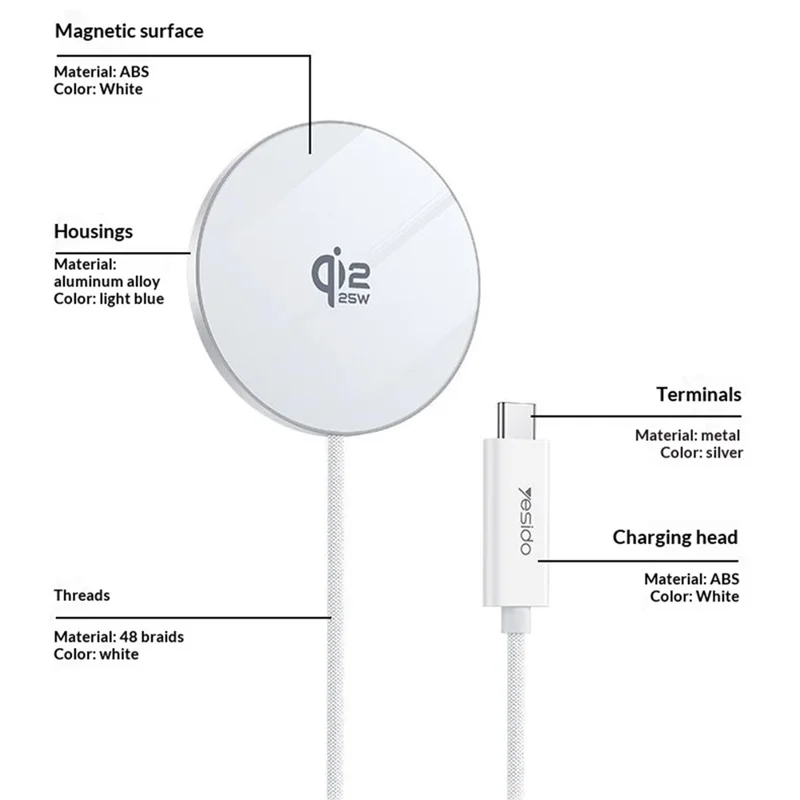 YESIDO DS41 Carregador Sem Fios de Secretária Qi2.2 25 W, Almofada de Carregamento Magnético Ultrafina de 5 mm - Branco