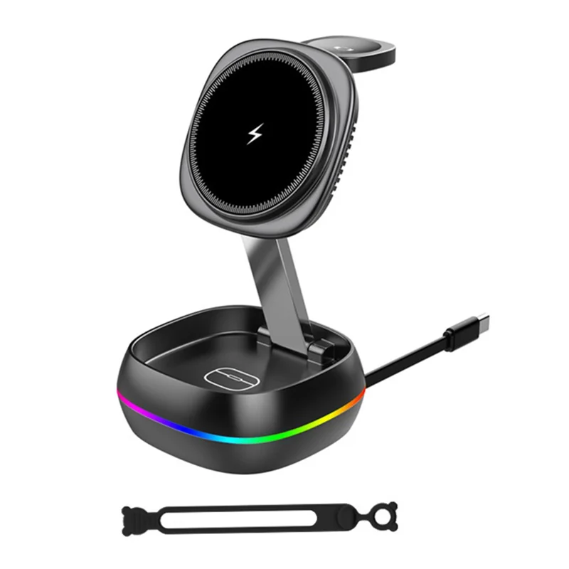 3-in-1 15W Magnetic Charging Station Foldable Charger Stand for Phone Watch Earbuds with Type-C Cable - Black