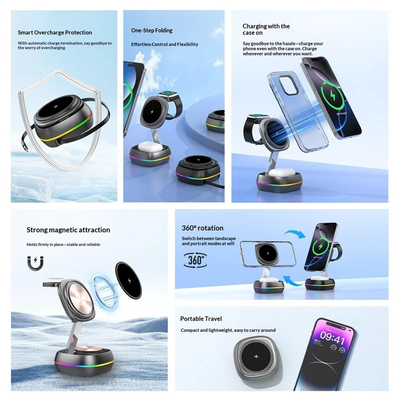 3-in-1 15W Magnetic Charging Station Foldable Charger Stand for Phone Watch Earbuds with Type-C Cable - Black