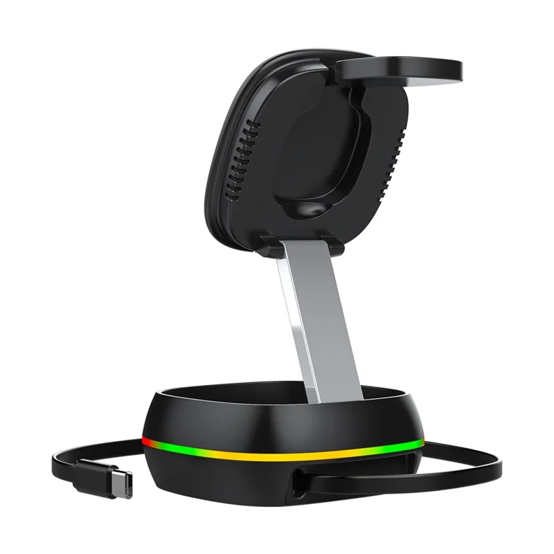 3-in-1 15W Magnetic Charging Station Foldable Charger Stand for Phone Watch Earbuds with Type-C Cable - Black