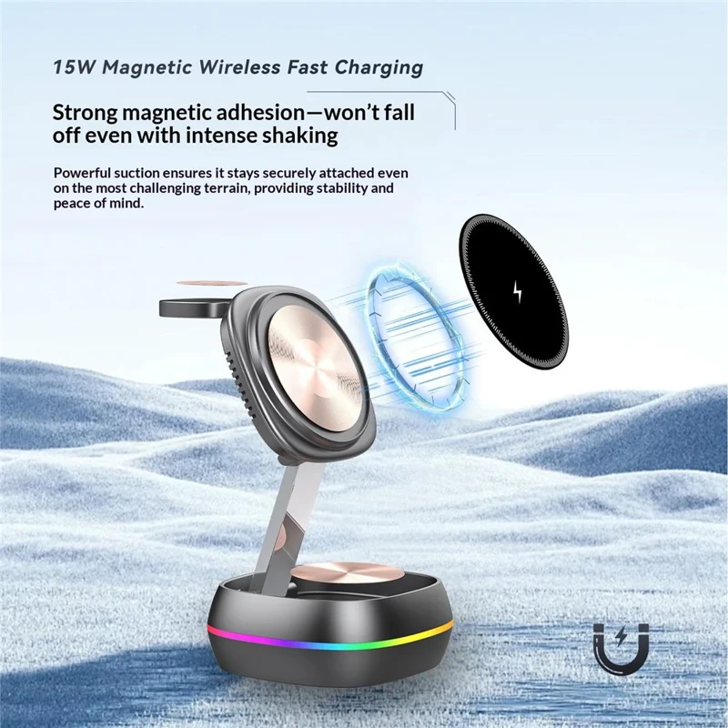 3-in-1 15W Magnetic Charging Station Foldable Charger Stand for Phone Watch Earbuds with Type-C Cable - Black