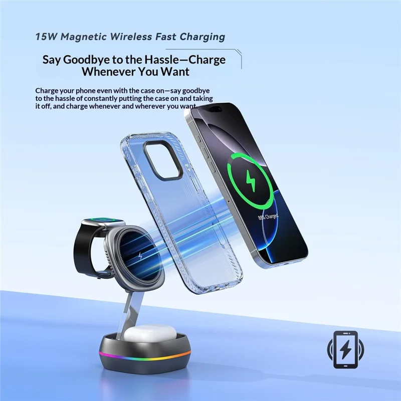 3-in-1 15W Magnetic Charging Station Foldable Charger Stand for Phone Watch Earbuds with Type-C Cable - Black