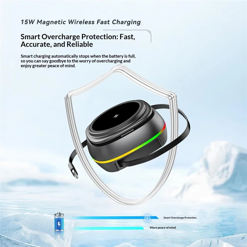 3-in-1 15W Magnetic Charging Station Foldable Charger Stand for Phone Watch Earbuds with Type-C Cable - Black
