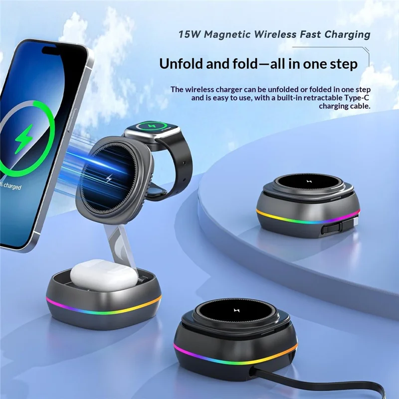 3-in-1 15W Magnetic Charging Station Foldable Charger Stand for Phone Watch Earbuds with Type-C Cable - Black