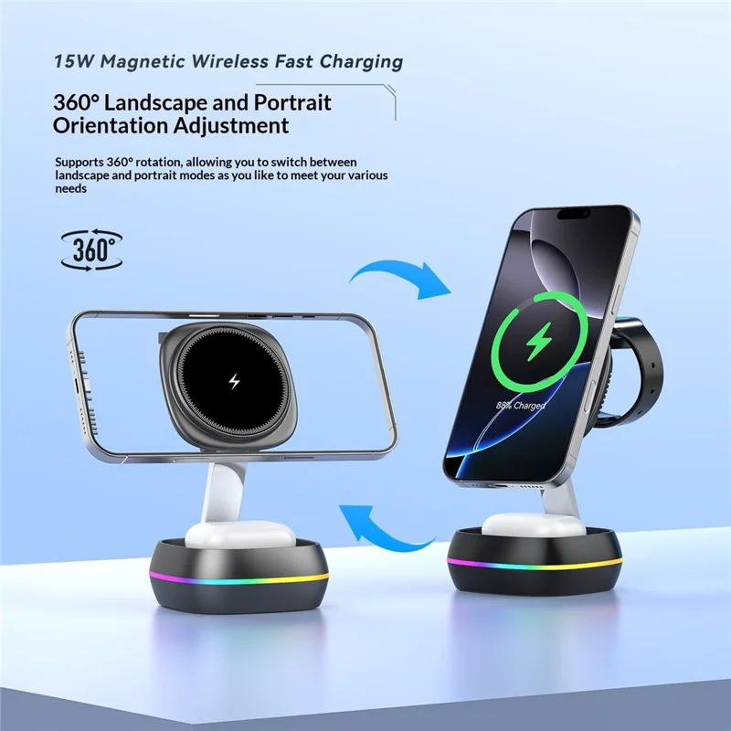 3-in-1 15W Magnetic Charging Station Foldable Charger Stand for Phone Watch Earbuds with Type-C Cable - Black