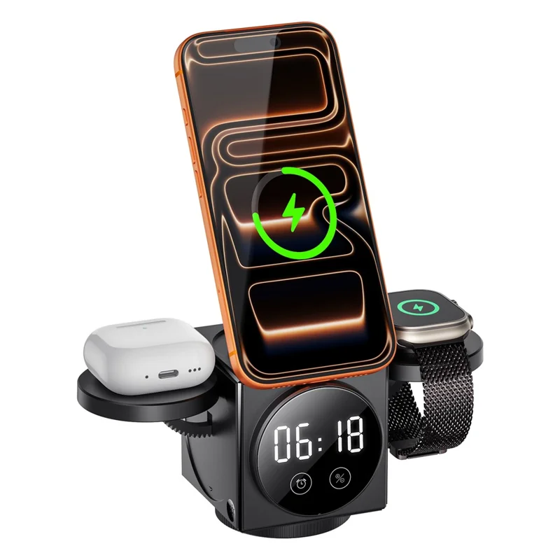 A8 3 in 1 Wireless Charger Magnetic 15W Fast Charging Stand with Clock Night Light for Phone Watch Earbuds - Black