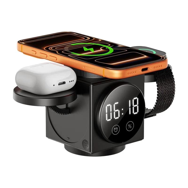 A8 3 in 1 Wireless Charger Magnetic 15W Fast Charging Stand with Clock Night Light for Phone Watch Earbuds - Black
