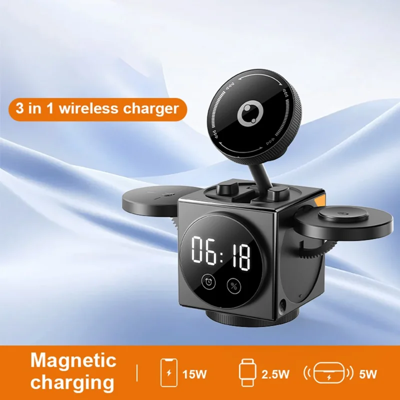 A8 3 in 1 Wireless Charger Magnetic 15W Fast Charging Stand with Clock Night Light for Phone Watch Earbuds - Black