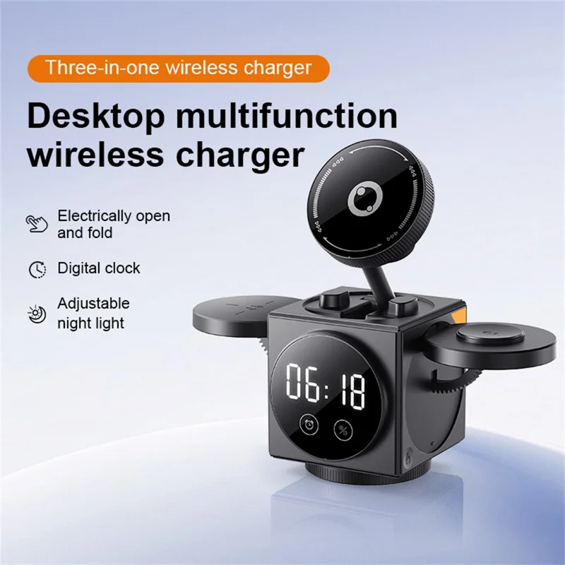 A8 3 in 1 Wireless Charger Magnetic 15W Fast Charging Stand with Clock Night Light for Phone Watch Earbuds - Black