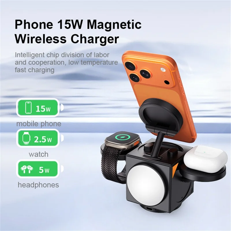 A8 3 in 1 Wireless Charger Magnetic 15W Fast Charging Stand with Clock Night Light for Phone Watch Earbuds - Black
