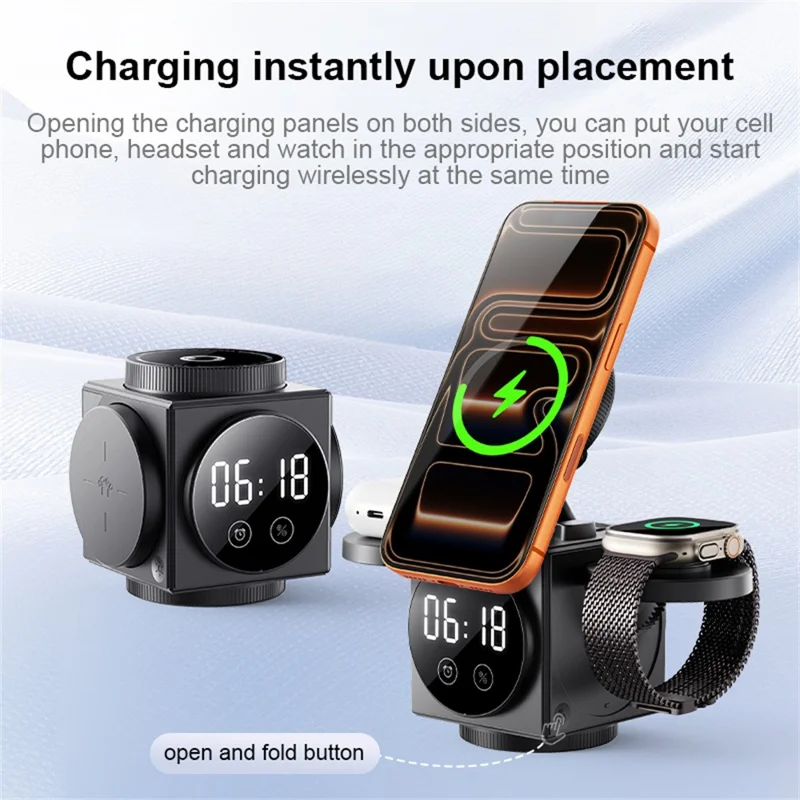 A8 3 in 1 Wireless Charger Magnetic 15W Fast Charging Stand with Clock Night Light for Phone Watch Earbuds - Black