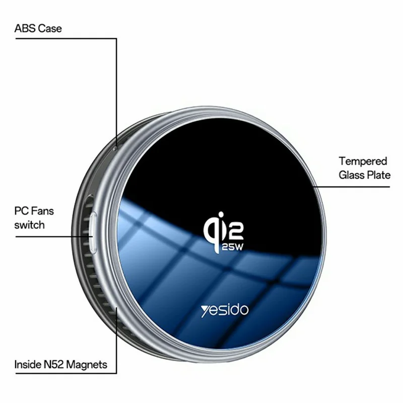 YESIDO C325 Cargador Inalámbrico Magnético Qi2 25 W con Refrigeración por Semiconductores para Juegos - Negro + Gris