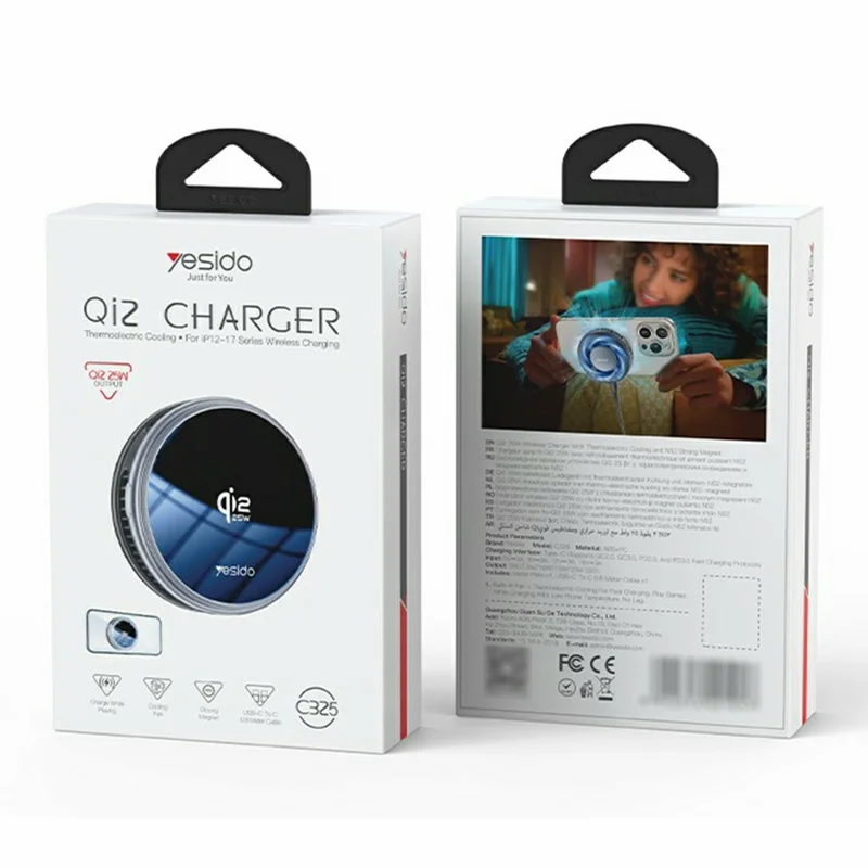YESIDO C325 Cargador Inalámbrico Magnético Qi2 25 W con Refrigeración por Semiconductores para Juegos - Negro + Gris