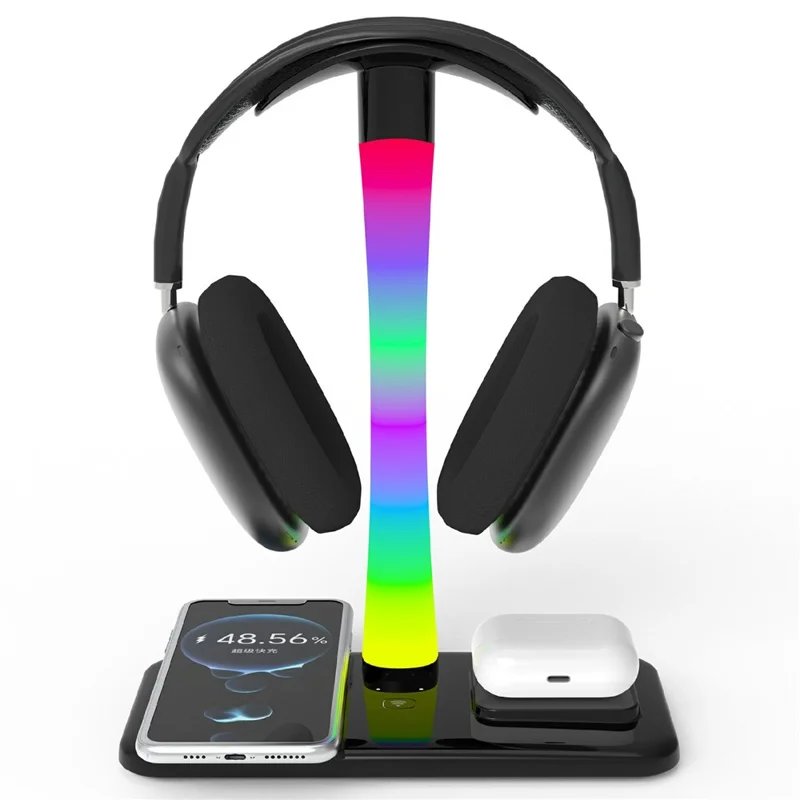 D9 Support de casque avec chargeur sans fil 15 W, station de charge RGB pour bureau de jeu - Noir