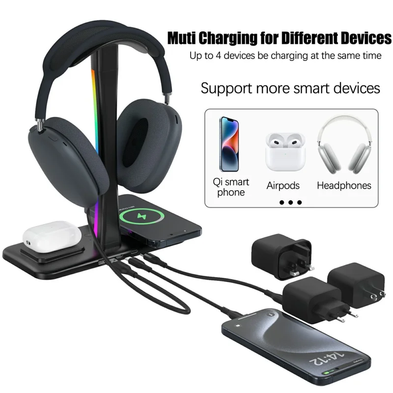 D9 Support de casque avec chargeur sans fil 15 W, station de charge RGB pour bureau de jeu - Noir