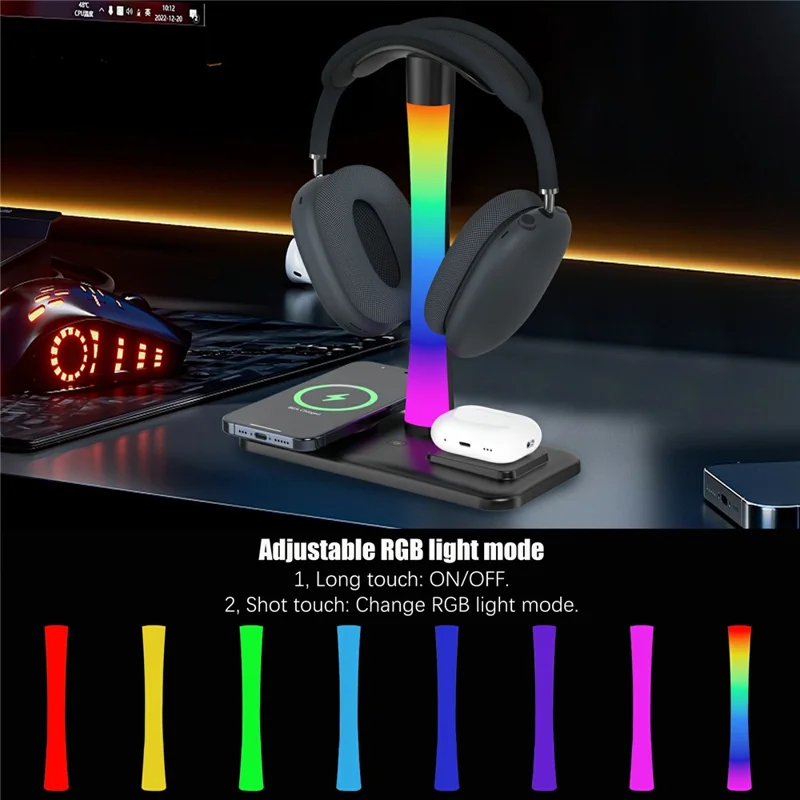 D9 Support de casque avec chargeur sans fil 15 W, station de charge RGB pour bureau de jeu - Noir