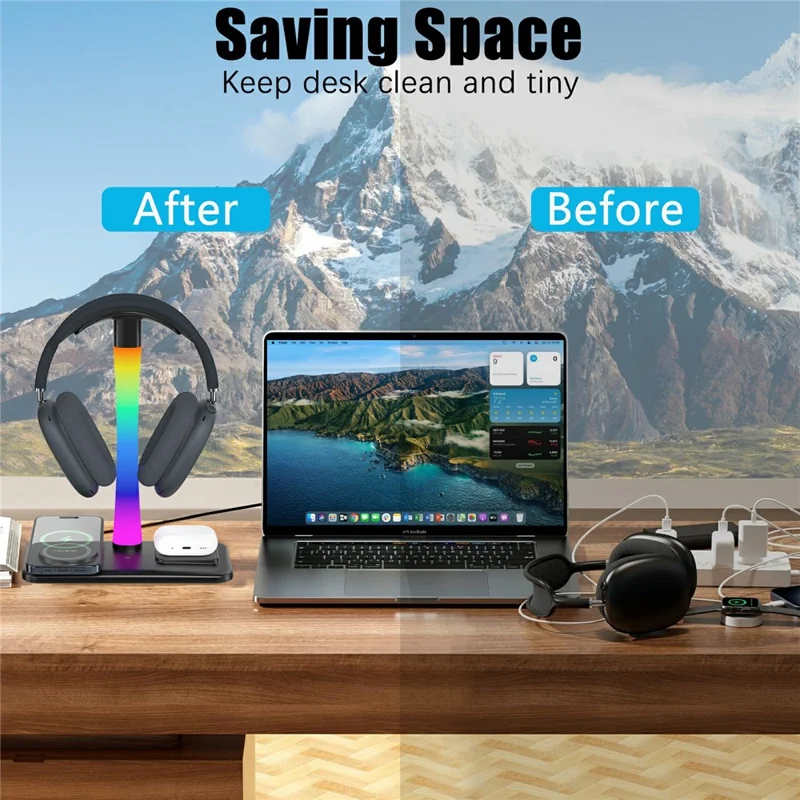 D9 Support de casque avec chargeur sans fil 15 W, station de charge RGB pour bureau de jeu - Noir