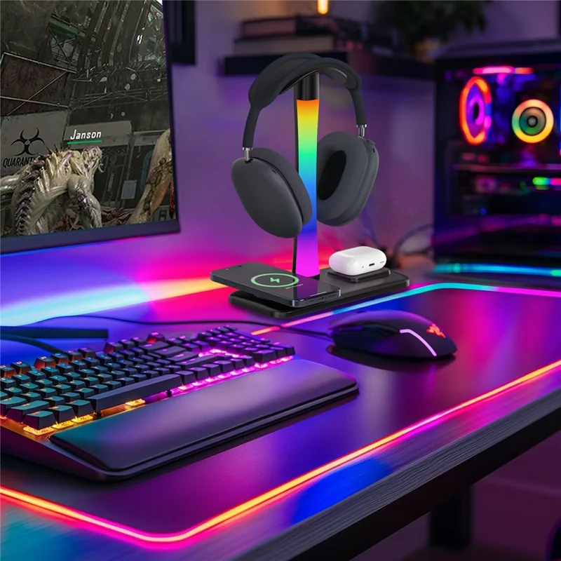 D9 Support de casque avec chargeur sans fil 15 W, station de charge RGB pour bureau de jeu - Noir