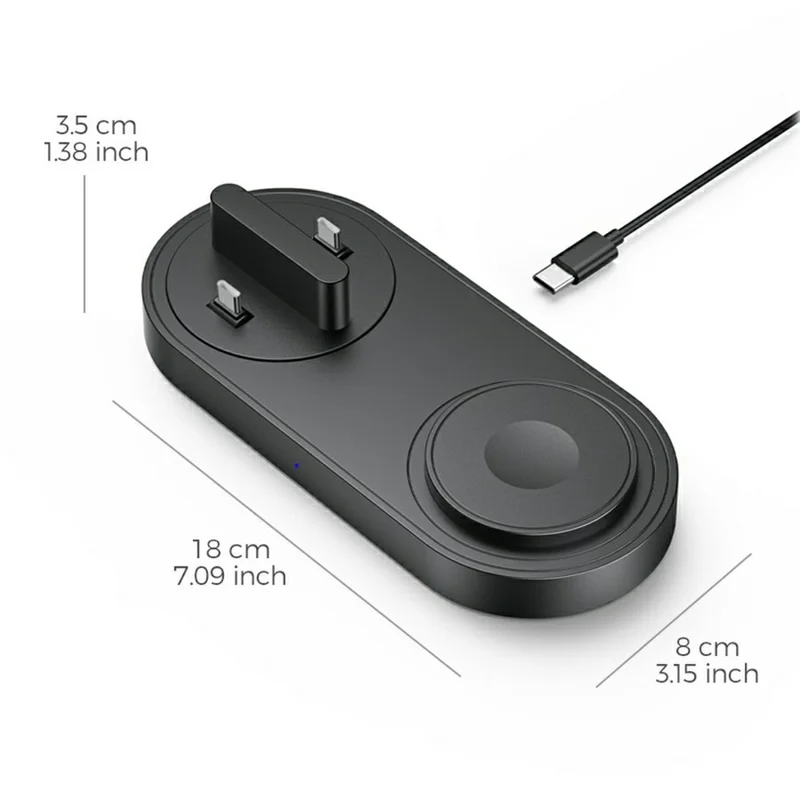 B-33 Wireless Charging Station 3 in 1 Desktop 15W Wireless Charger with USB-C Direct Plug for Phone  /  Apple Watch  /  Earbuds - Black
