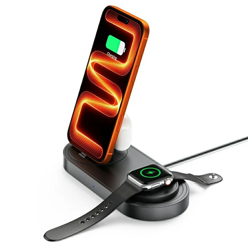 B-33 Wireless Charging Station 3 in 1 Desktop 15W Wireless Charger with USB-C Direct Plug for Phone  /  Apple Watch  /  Earbuds - Black