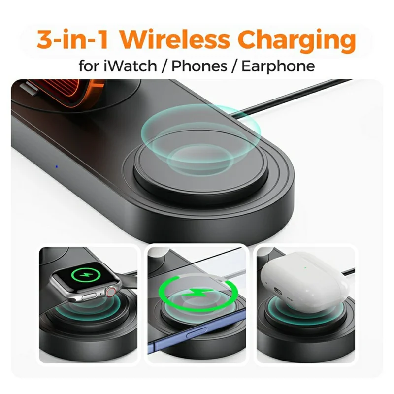 B-33 Wireless Charging Station 3 in 1 Desktop 15W Wireless Charger with USB-C Direct Plug for Phone  /  Apple Watch  /  Earbuds - Black