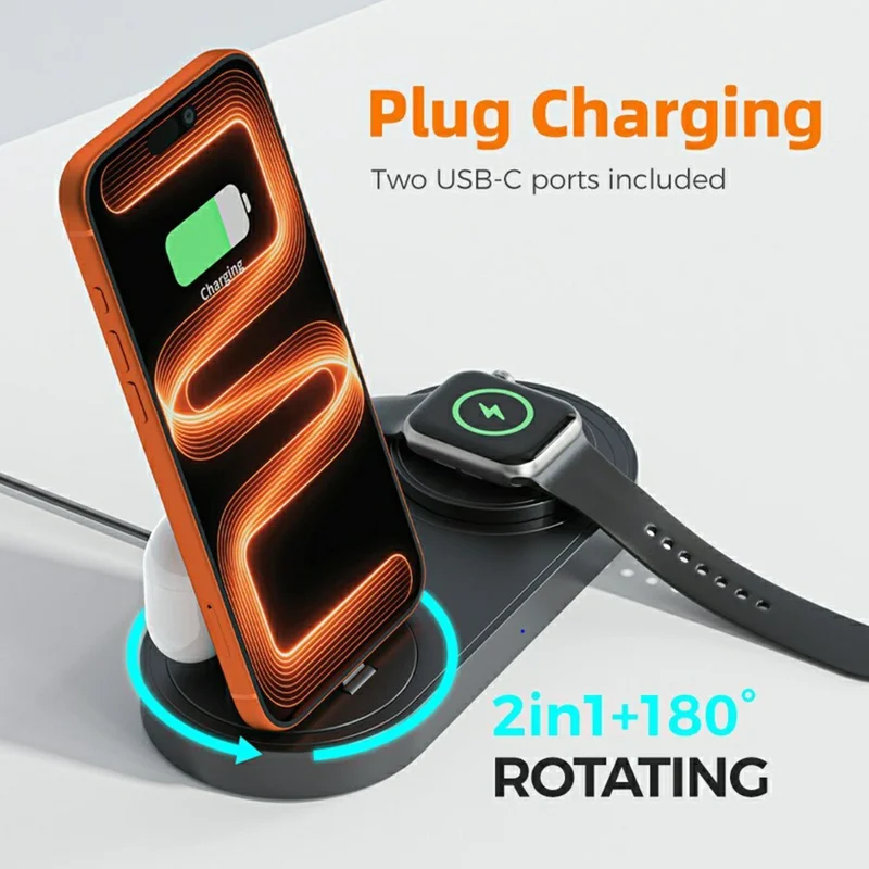 B-33 Wireless Charging Station 3 in 1 Desktop 15W Wireless Charger with USB-C Direct Plug for Phone  /  Apple Watch  /  Earbuds - Black
