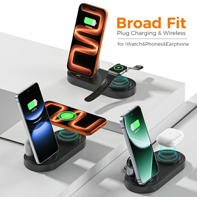 B-33 Wireless Charging Station 3 in 1 Desktop 15W Wireless Charger with USB-C Direct Plug for Phone  /  Apple Watch  /  Earbuds - Black