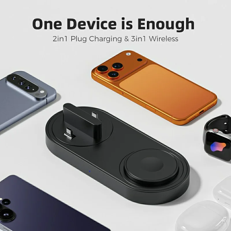 B-33 Wireless Charging Station 3 in 1 Desktop 15W Wireless Charger with USB-C Direct Plug for Phone  /  Apple Watch  /  Earbuds - Black