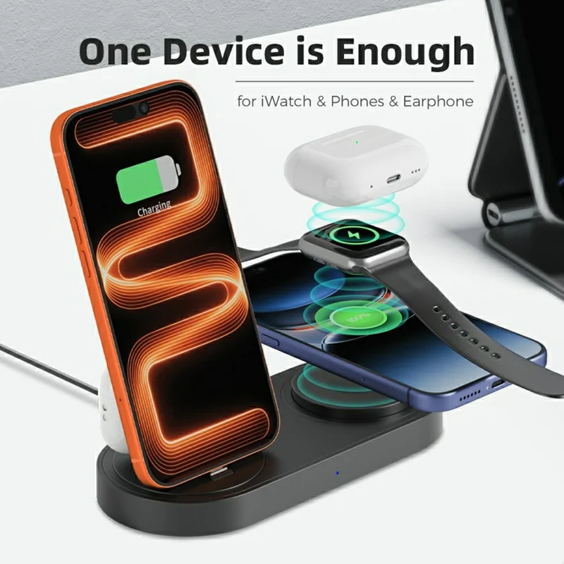 B-33 Wireless Charging Station 3 in 1 Desktop 15W Wireless Charger with USB-C Direct Plug for Phone  /  Apple Watch  /  Earbuds - Black