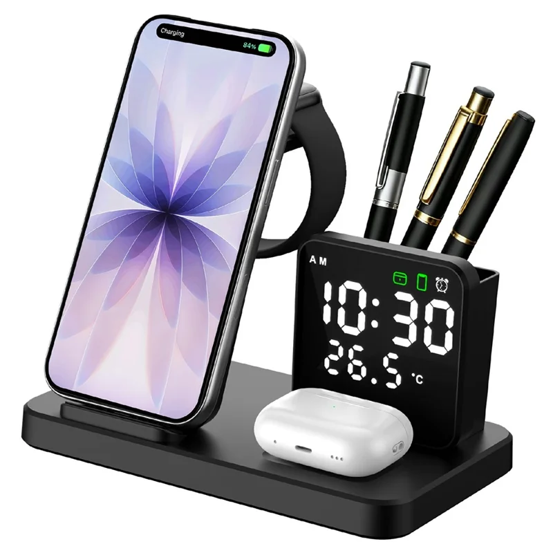 Q600 Multifunktions-Wireless-Ladestation mit Wecker, Temperaturanzeige und Stifthalter – Schwarz
