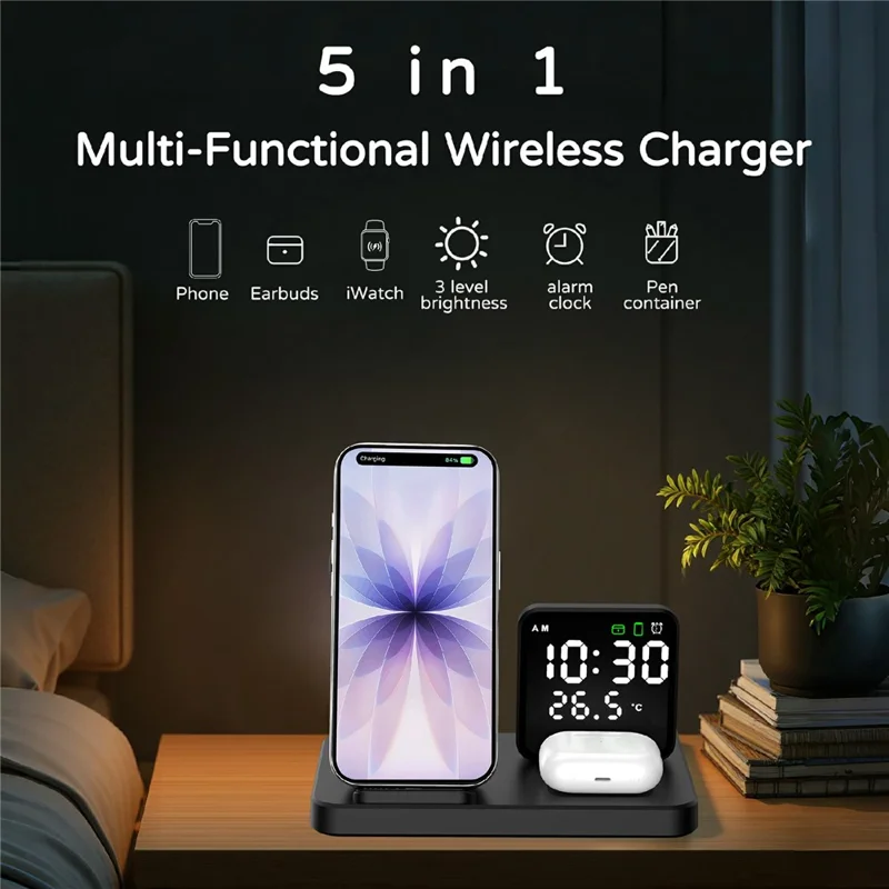 Q600 Multifunktions-Wireless-Ladestation mit Wecker, Temperaturanzeige und Stifthalter – Schwarz