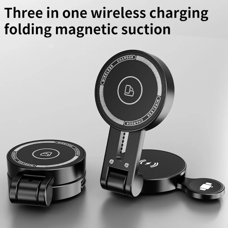 H68 3 in 1 15W Foldable Magnetic Wireless Charger ABS + PC for Phone Earbuds Watch - Black