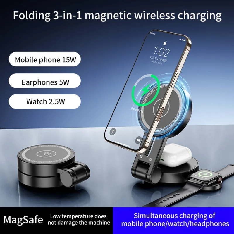 H68 3 in 1 15W Foldable Magnetic Wireless Charger ABS + PC for Phone Earbuds Watch - Black
