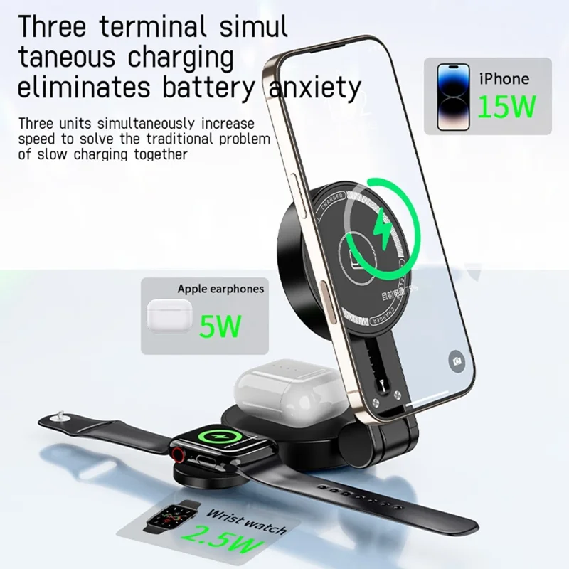 H68 3 in 1 15W Foldable Magnetic Wireless Charger ABS + PC for Phone Earbuds Watch - Black